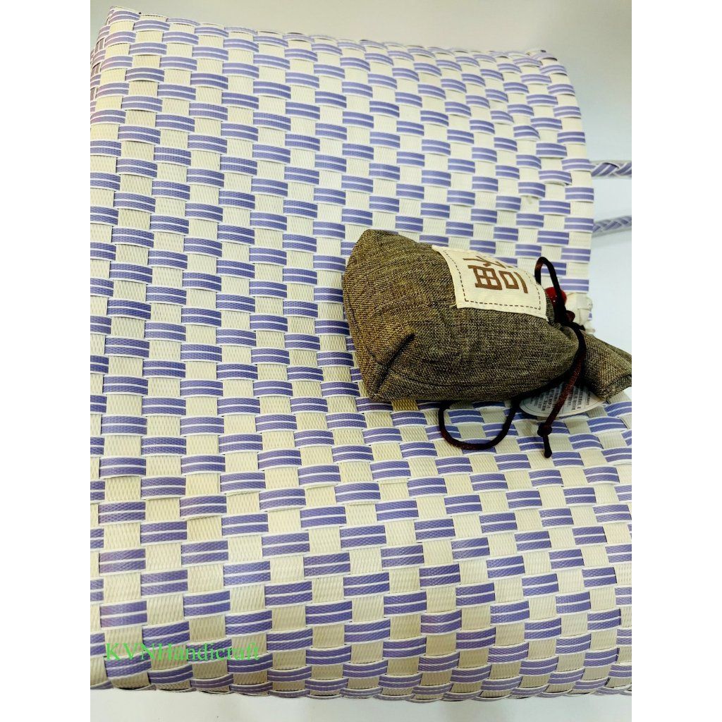 プラかご V29 ハンドメイド PPバンド エコバッグ ホワイト × レッド 受注製作プラカゴ miniワイドサイズ miniW-1002 ベージュ*グレー