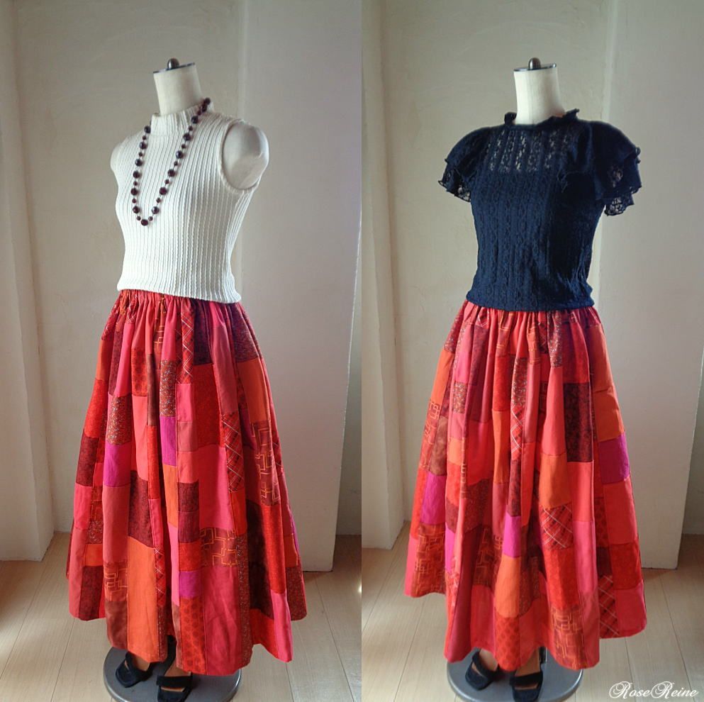 絵画なパッチワーク たっぷりギャザースカート♥パリジェンヌの赤