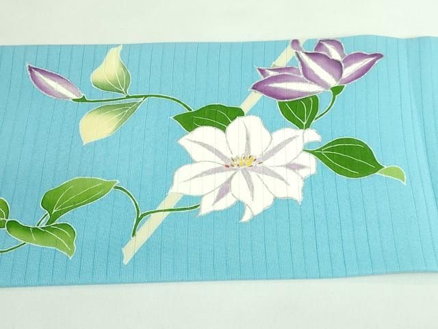 平和屋本店□極上 夏物 絽塩瀬 九寸名古屋帯 鉄仙花 水色地 銀彩 逸品