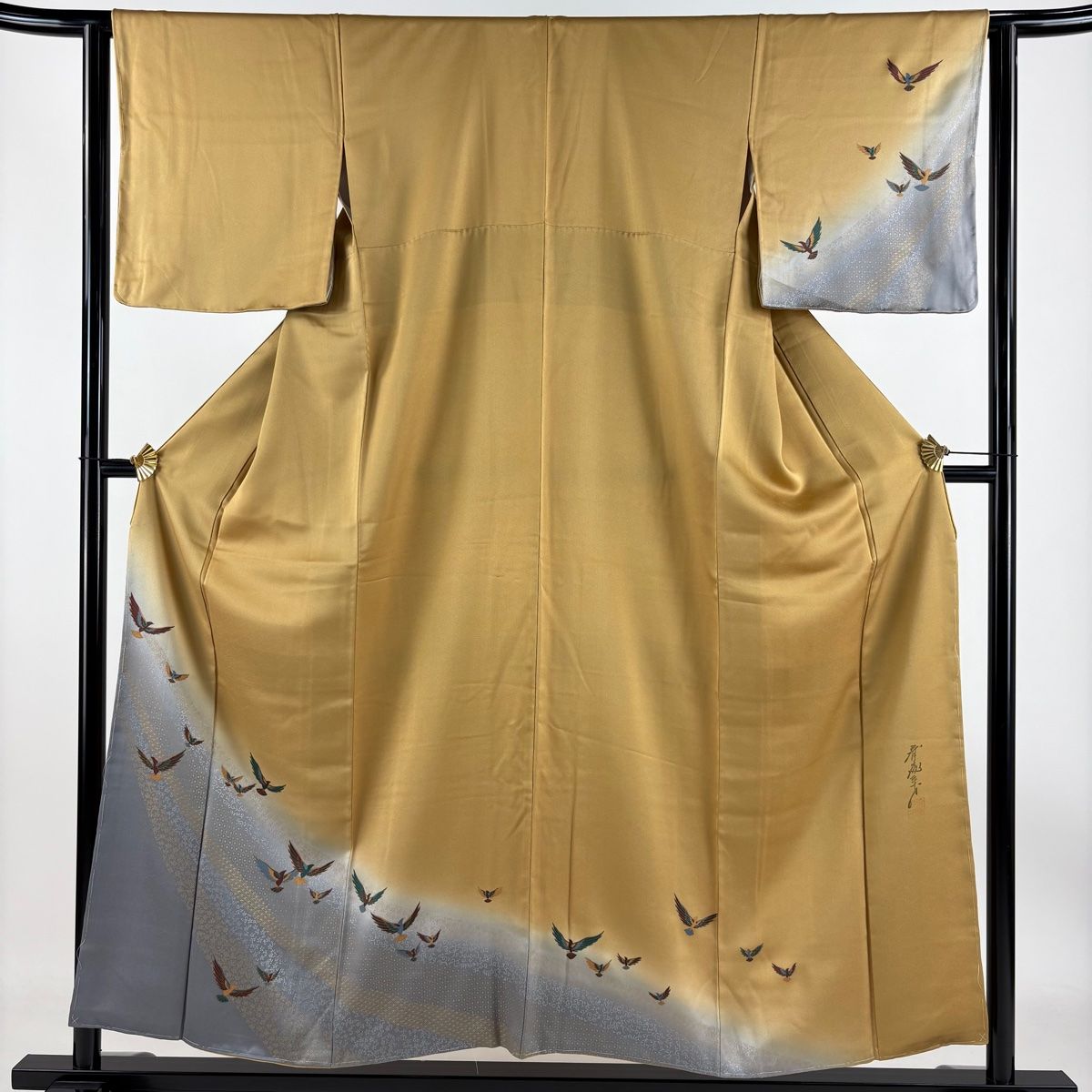 付下げ 身丈155cm 裄丈63cm S 袷 斉藤三才 落款 鳥 草花 金銀彩