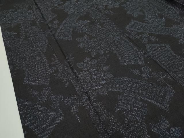 平和屋本店■極上　本場結城紬　重要無形文化財　80亀甲　草花文　濃紺地　井上商事謹製　証紙付き　逸品　CZAA1881s5 平和屋本店□極上 本場結城紬 重要無形文化財 80亀甲 草花文 濃紺地