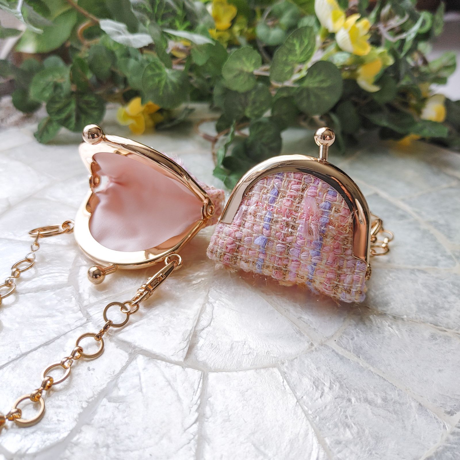 No173. (ピンク)『ツイード・ミニがま口ポーチ』 がま口キーホルダー  