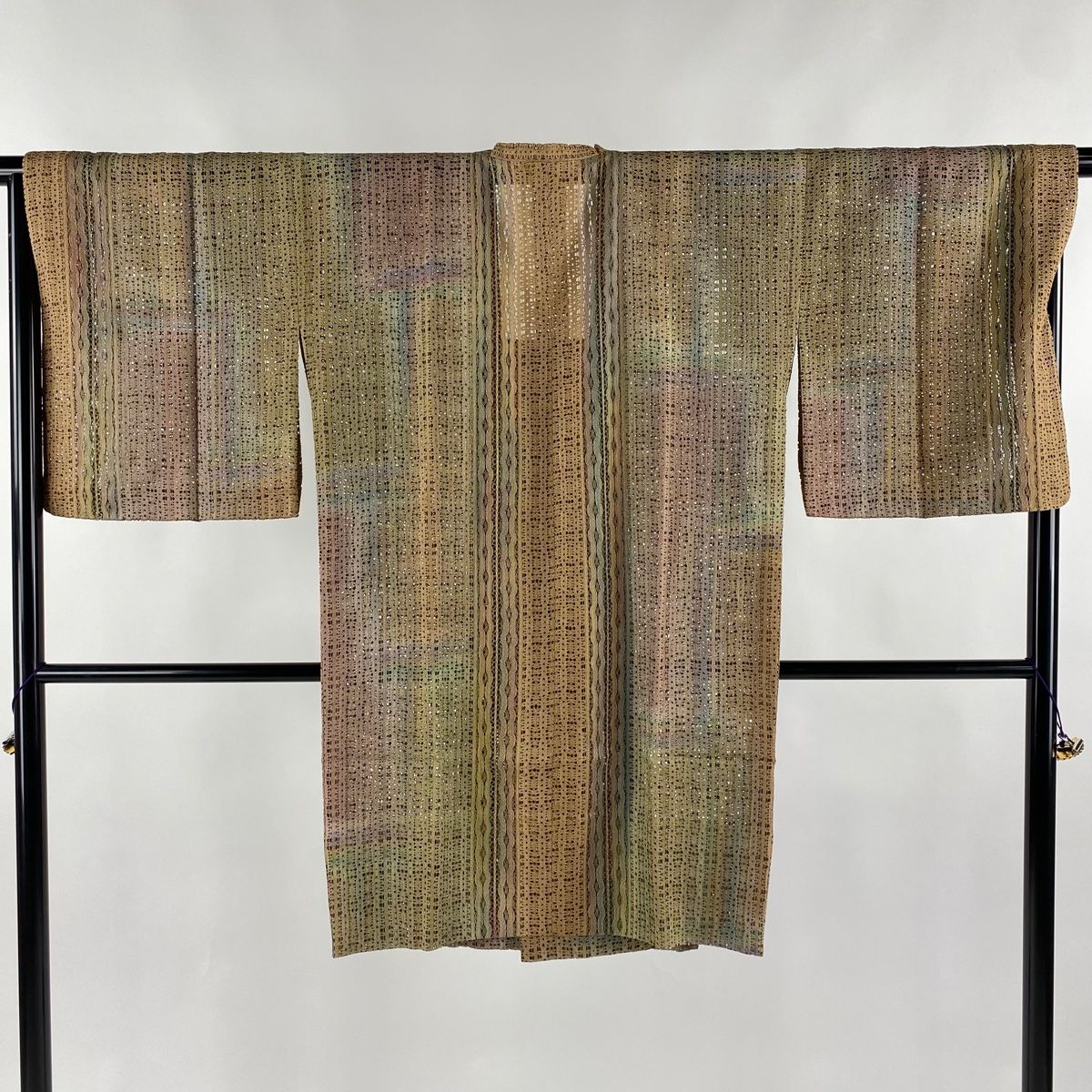 道行 身丈98cm 裄丈70cm L 和装コート 角衿 幾何学模様 山吹茶色 正絹