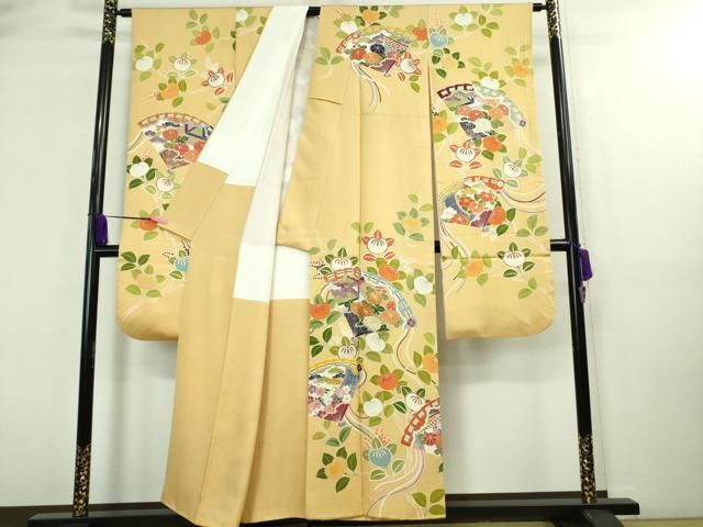 やべち ‪‪様 平和屋本店□極上 創業460年・千總 振袖 駒刺繍 檜扇橘花文 卵色