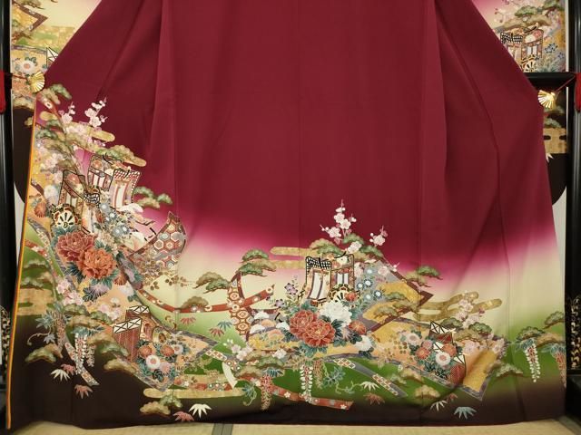豪華振袖　作家物　絞り　舞花文　暈し染　金彩　着丈167.5cm　正絹 平和屋着物□豪華振袖 作家物 駒刺繍 鴛鴦花文 暈し染め 金彩