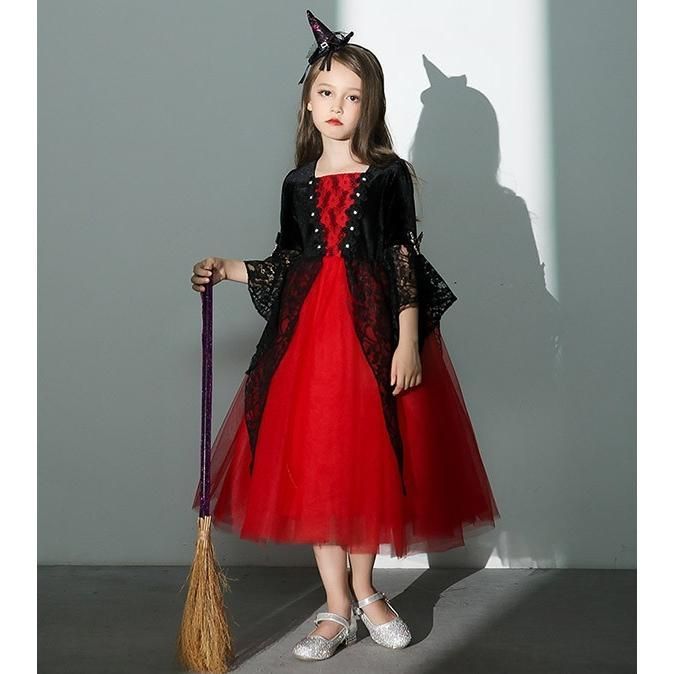 サイズも豊富。 コスプレ 衣装 キッズ ハロウィン 魔女 ウィッチ 女の子 ワンピース 長袖 帽子 ミディ丈 ひざ下丈 コスチューム パーティ イベン 仮装