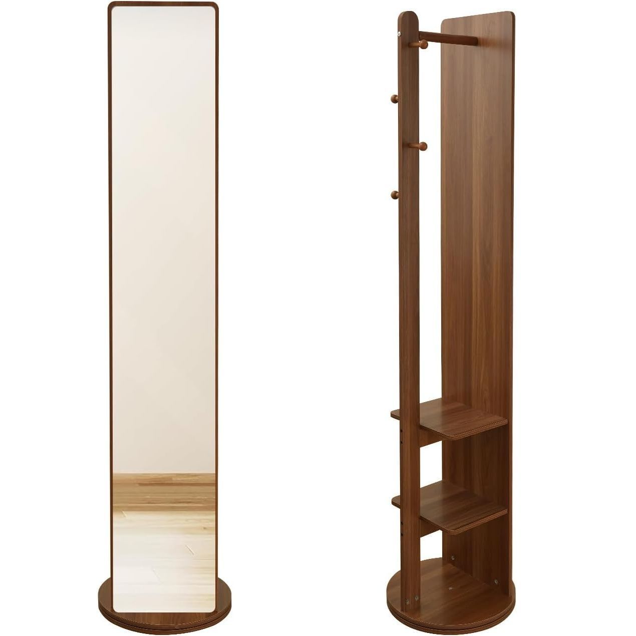AORTD 全身鏡 姿見鏡 スタンドミラー 全身ミラー 回転ミラー 4in1 ハンガーラック付き 洋服収納 360度回転 北欧風 おしゃれ 木製 スリム 省スペース
