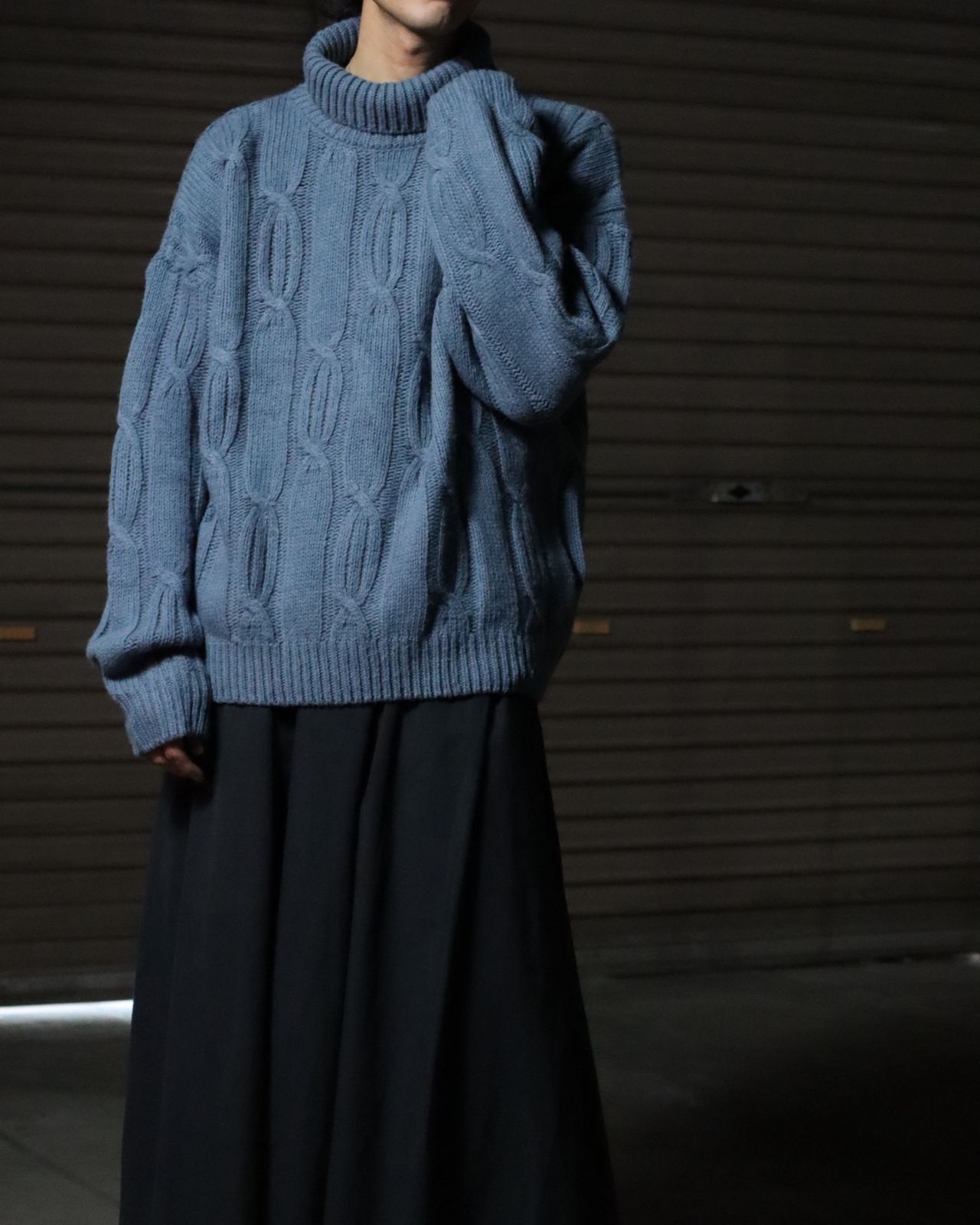 EURO vintage Spain made turtleneck cold tone chunky cable knit 80s 90s ユーロビンテージ スペイン製 ケーブル編み タートルネック ウール混 チャンキー ニット セーター 水色 ペールトーン