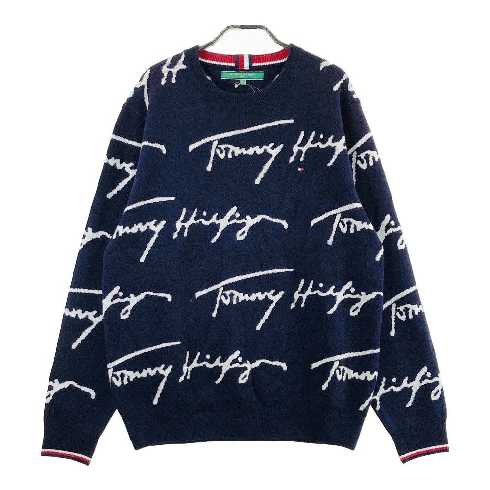 サイズ：LL TOMMY HILFIGER GOLF トミー ヒルフィガーゴルフ 2022年モデル ウール混 ニットセーター シグネチャーロゴ 総柄 ネイビー系 [240101320892] ゴルフウェア メンズ ストスト