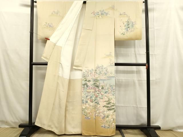平和屋-こころ店□訪問着 単衣 友禅 松竹梅風景文 正絹 逸品 AAAJ7201Ack