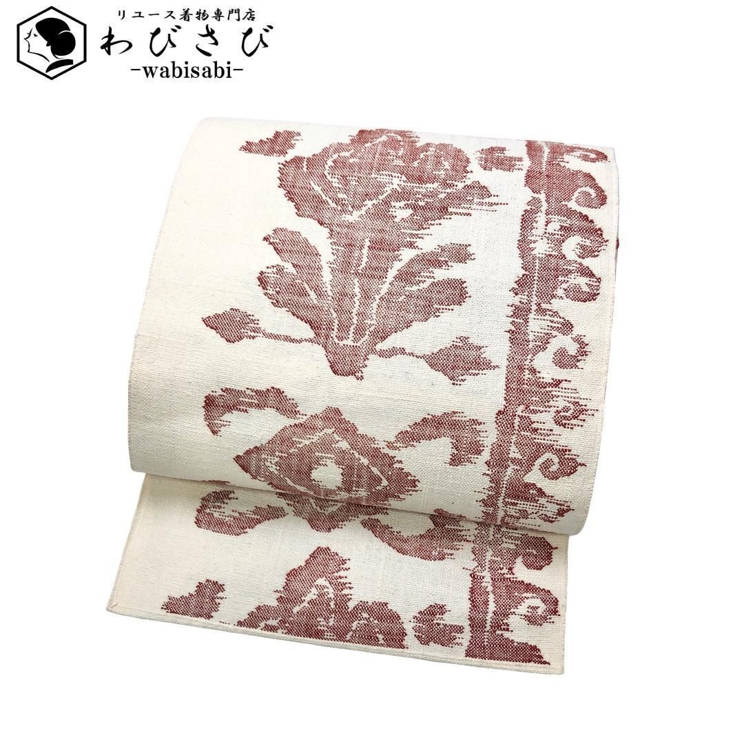 名古屋帯 真綿紬 抽象花柄模様 乳白色 O-5604