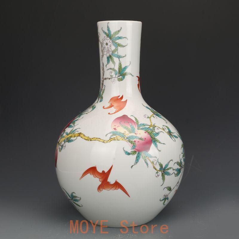 清乾隆粉彩福寿九桃天球瓶 景徳鎮 陶磁器 装飾品 現代工芸品
