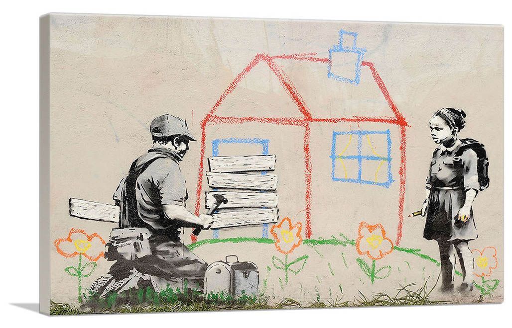 バンクシー アートパネル Sサイズ BANKSY Banksy「クレヨン ハウス フォークロージャー/Crayon House Foreclosure」キャンバスジークレ 発送目安15～20営業日