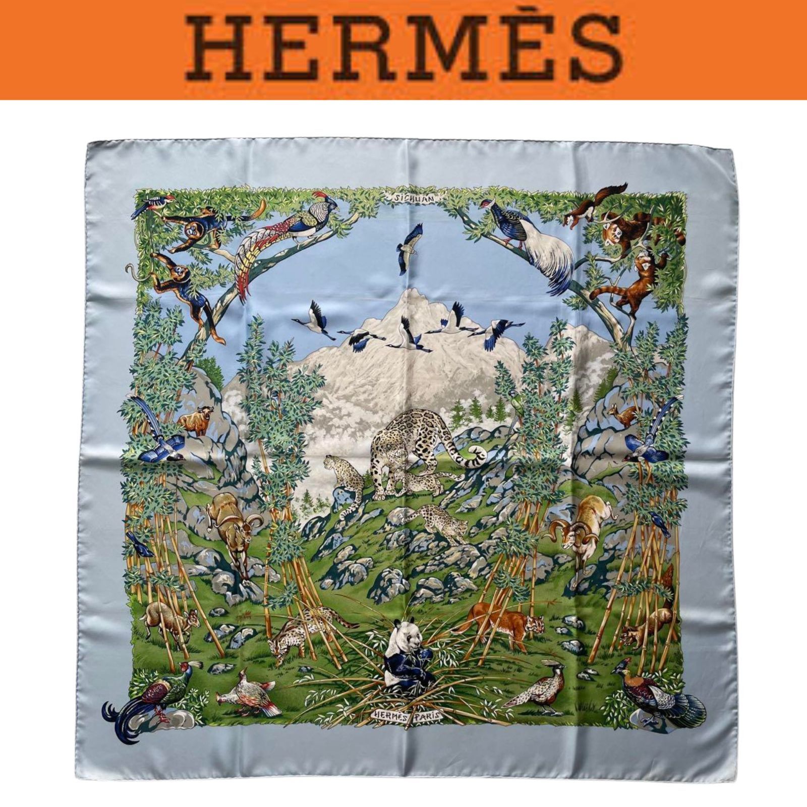 レア！ヴィンテージHERMES☆カレ90　四川省　sichuan　パンダ HERMES エルメス カレ90 SICHUAN 四川省 パンダ 大判 シルク