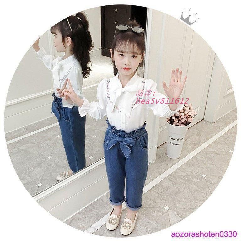  子供服 セットアップ キッズ 女の子 長袖 春秋 上下セット 2点セット シャツ デニムパンツ 150 CM ブラウス ジュニア 蝶結び おしゃれ hea 5 v 811612 半袖シャツ ブラウス トップス