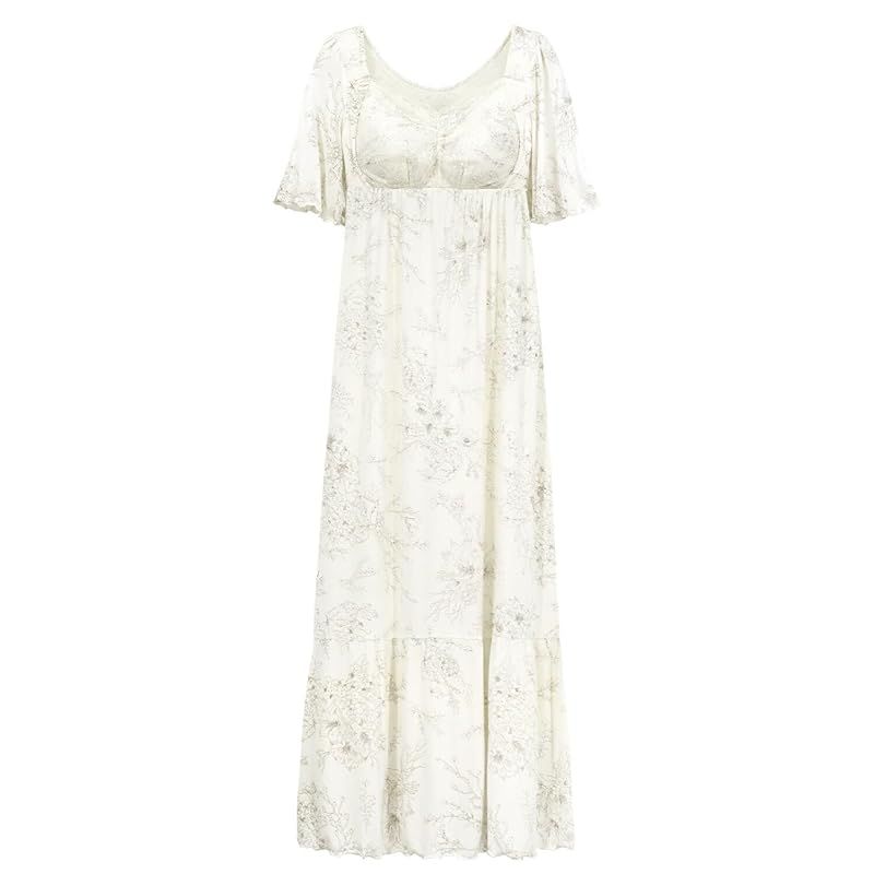 ツーハッチ ナイトブラ一体型ワンピース 半袖 ロング丈 ノンワイヤー カップ付き マタニティ 授乳 産前産後 部屋着 パジャマ ルームウェア 8819p 85L 花柄|アイボリー 0