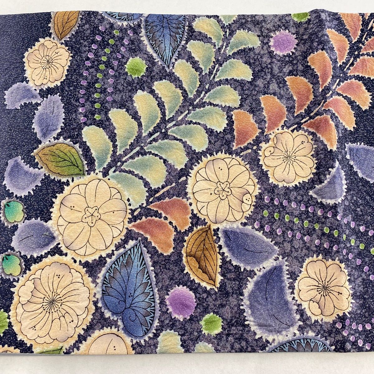 袋帯 美品 名品 辻が花柄 草花 銀糸 灰紫 お太鼓柄 正絹 【中古