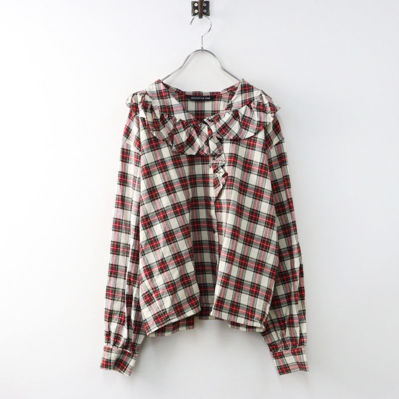美品 ミズイロインド mizuiro ind チェックフリルカラーシャツ 