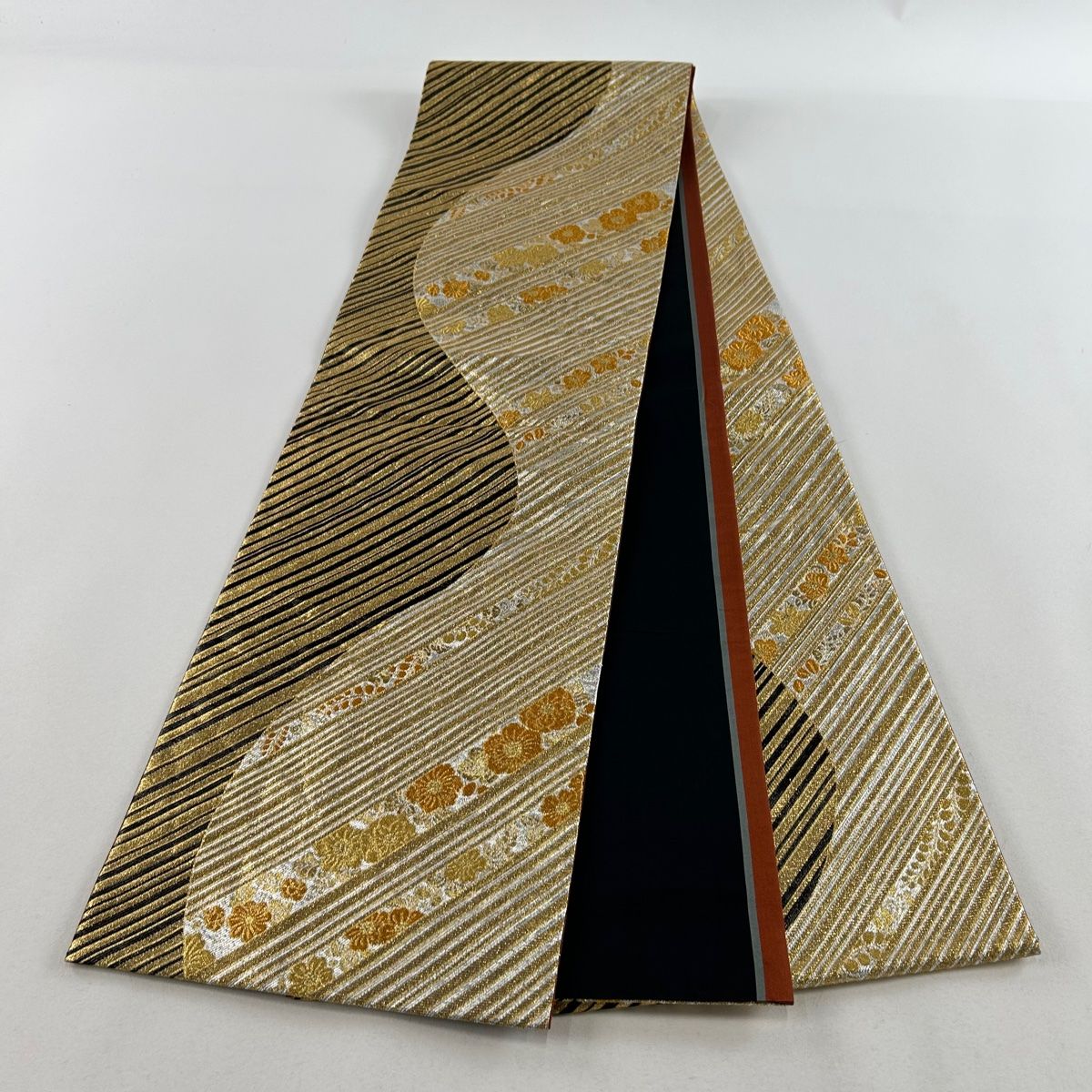 袋帯 美品 秀品 辻が花柄 斜縞 金糸 箔 黒 全通 正絹 【中古