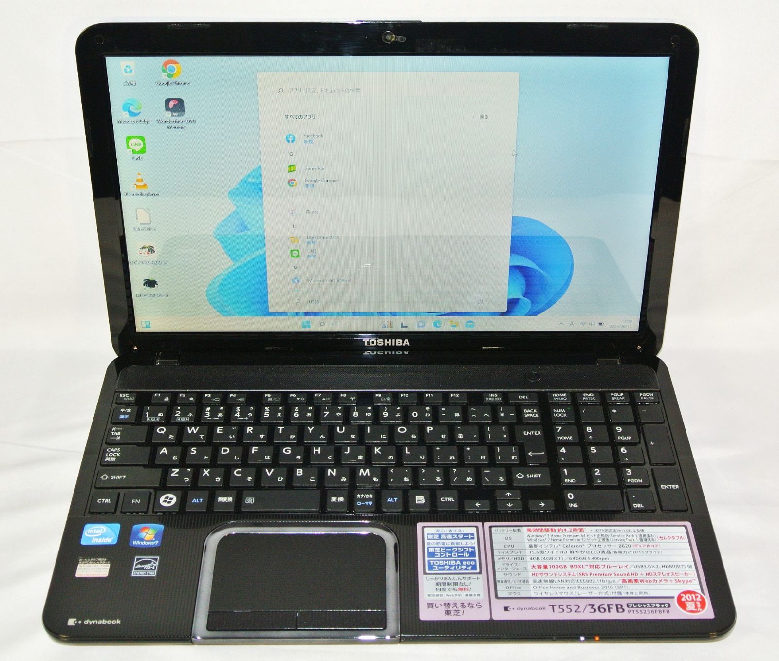 大容量HDD-640GB Wi-Fi有 ノートパソコン 15.6型 東芝 T552/36FB 中古