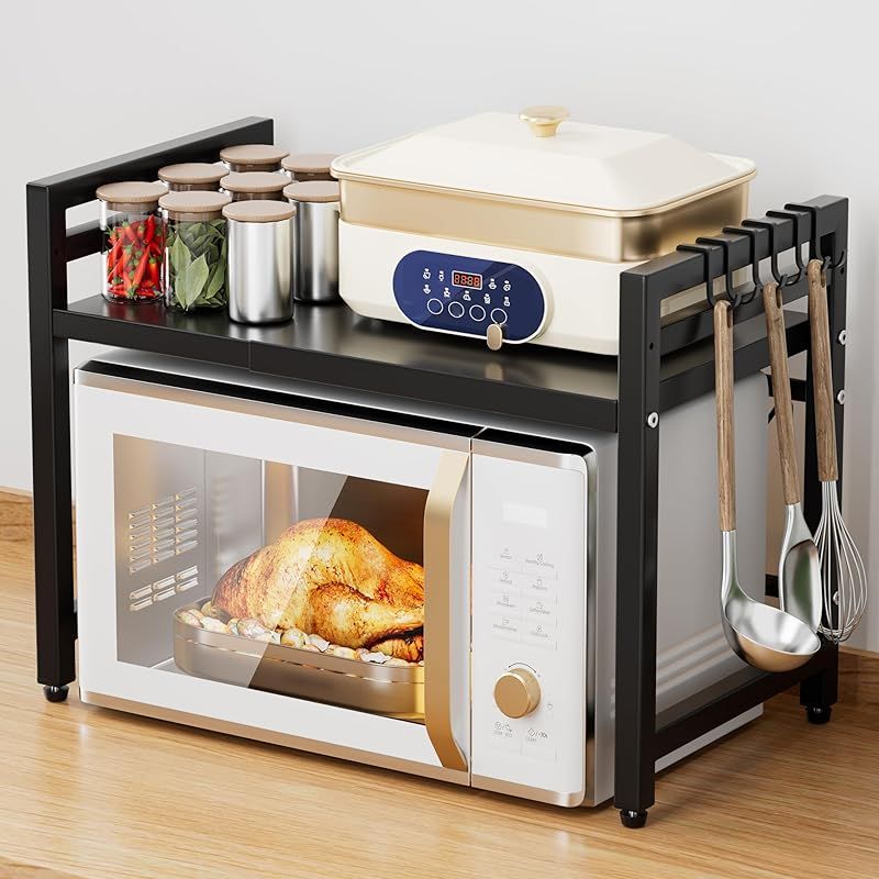 レンジ上ラック トースターラック キッチンラック 伸縮式 幅 38-64cm 伸縮可 収納 耐荷重40kg フック6つ付き 組み立て簡単