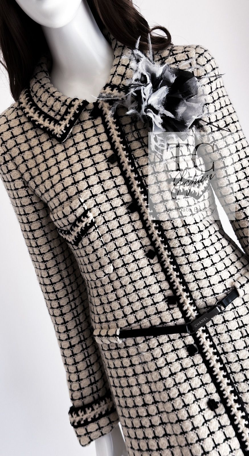 シャネル コート CHANEL クリーム アイボリー ブラック チェック