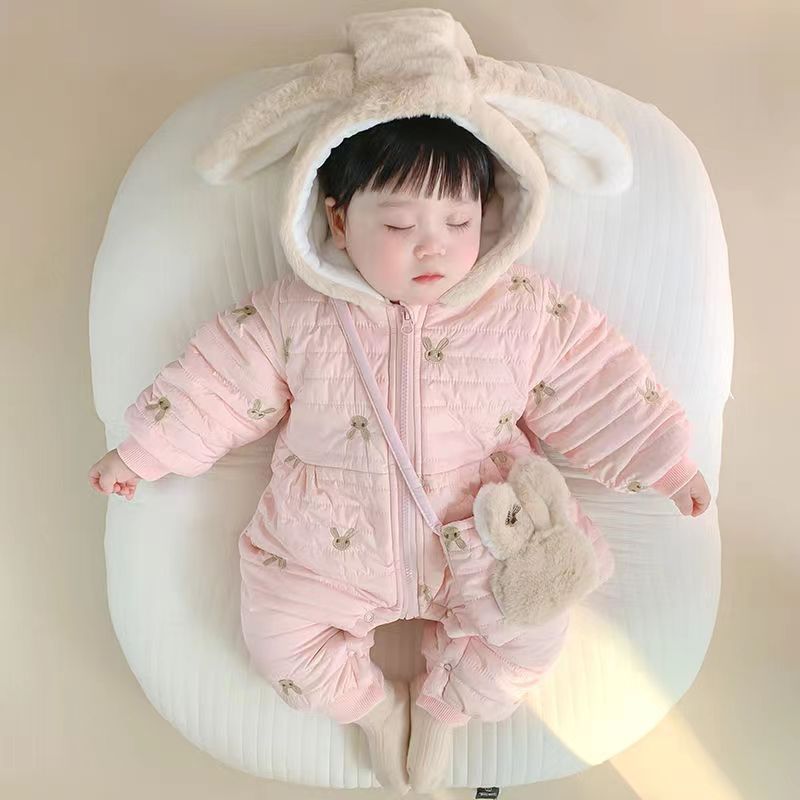 ロンパース ベビー服 女の子 男の子 赤ちゃん ベビー 中綿 長袖 前開き 耳付き カバーオール パジャマ ルームウェア 可愛い 秋冬 かわいい バッグ付き 出産祝い 誕生日 防寒 冬用 Dtjl881