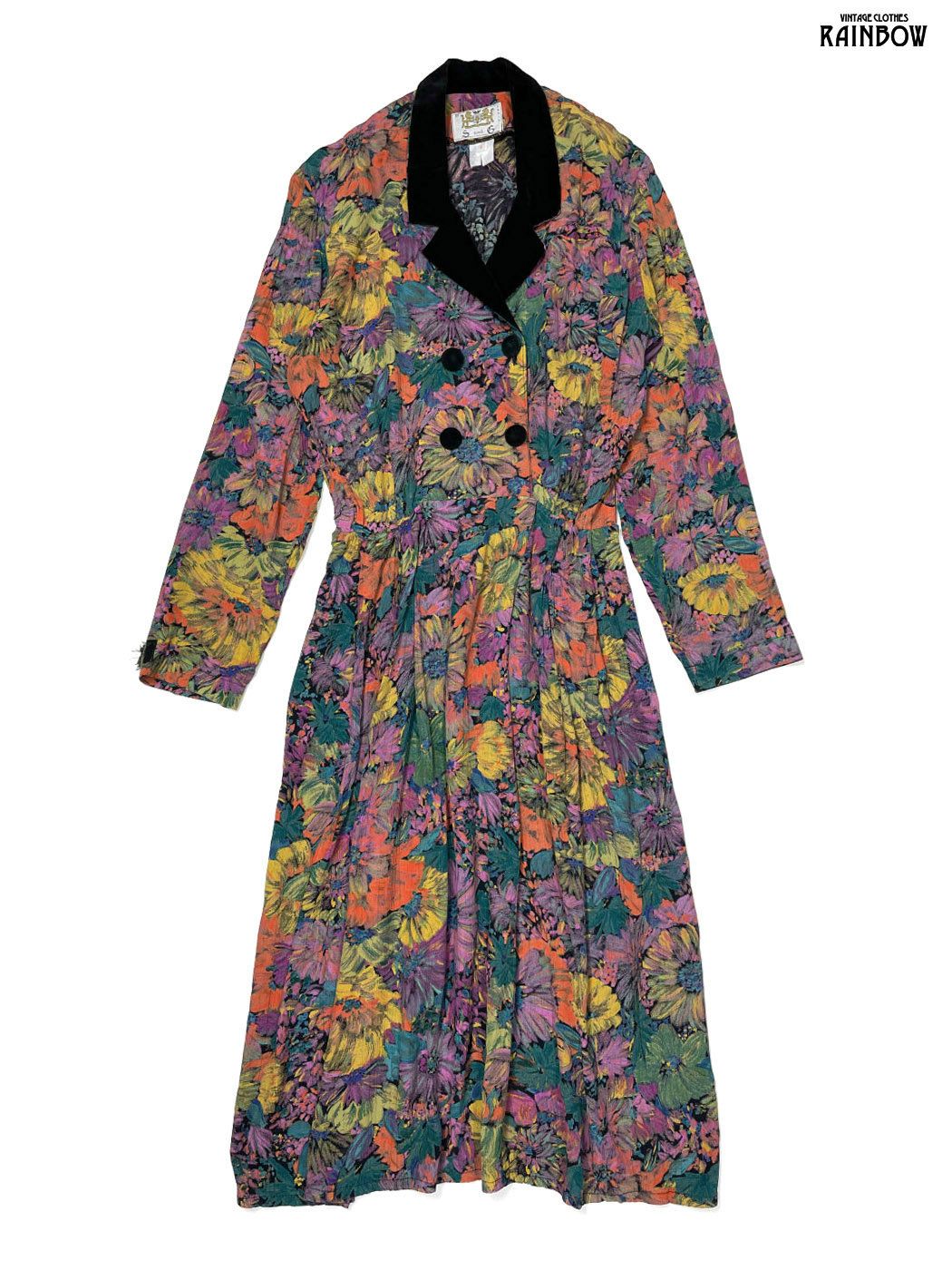 古着 シワ加工 花柄 ロング丈 長袖 ワンピース カラフル otu2509027