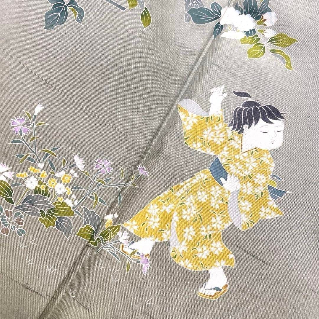 付け下げ 白山紬 友禅 作家もの 孝雪 童 花模様 着物 093a p