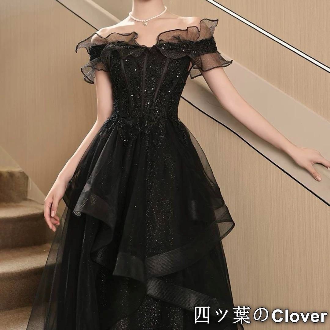 シンプルオシャレなフリルのオフショル イブニングドレス♩.• フリルが可愛い シンプルオシャレなオフショルイブニングドレス