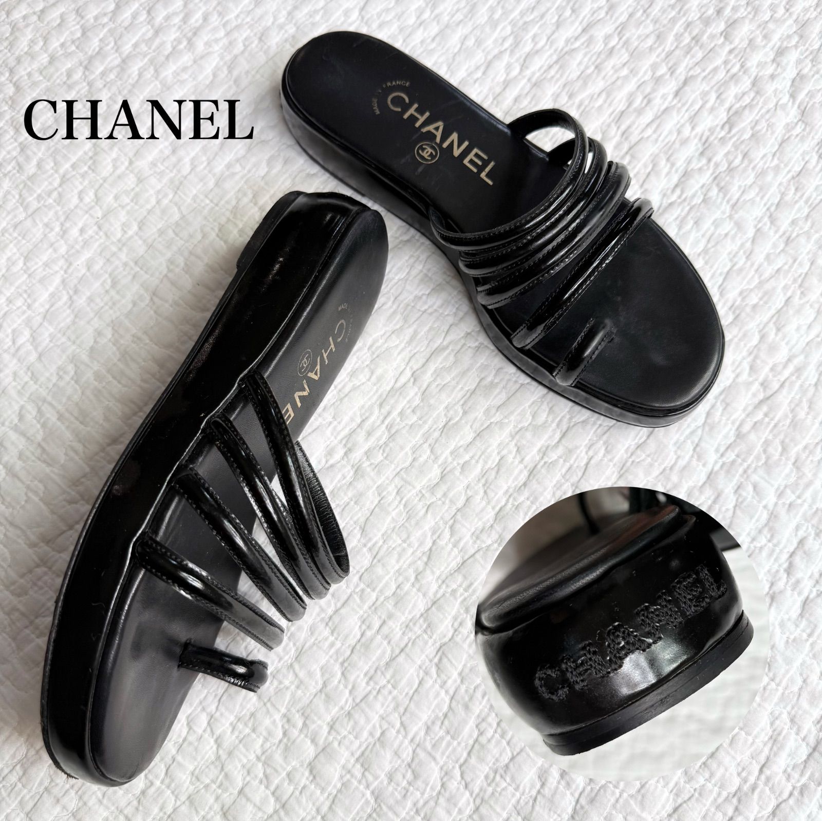 CHANEL シャネル バックロゴサンダル エナメル レザー 37 24cm