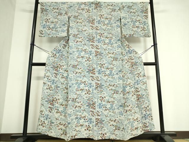 平和屋着物▽上質な小紋 単衣 流水花文 藍 型染め 鬼