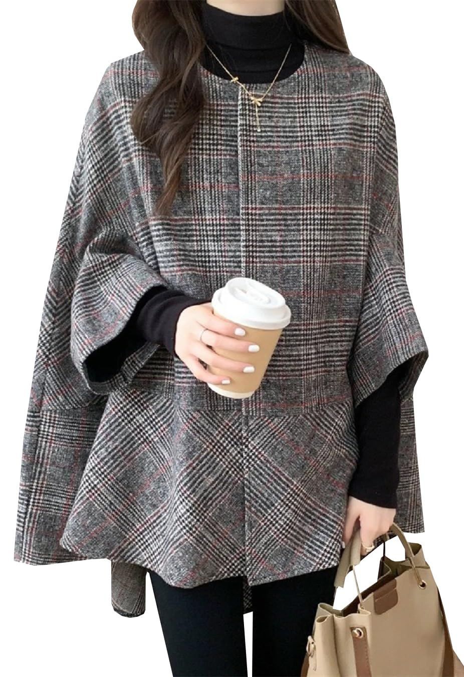 Size XL_Color レッド NEKORA チェック柄 ポンチョ ジャケット コート 羽織 カーディガン アウター レディース 長袖 上着 aライン aラインコート グレー 厚手 冬服 カジュアル シンプル トレンチコート ラシャコート ケープコート