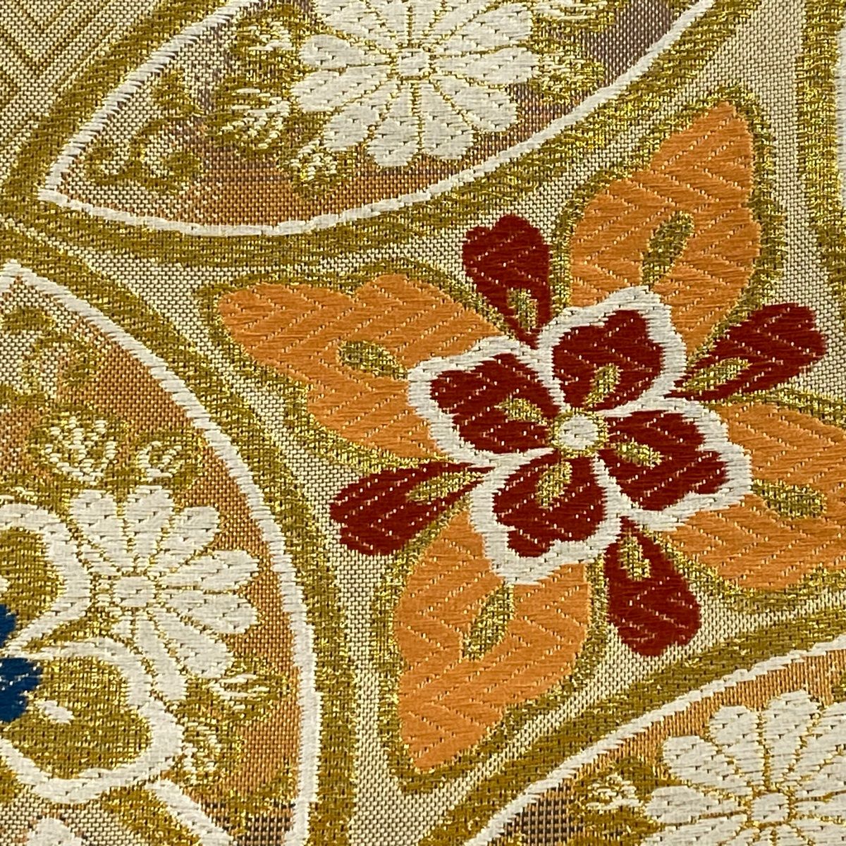 美品】 袋帯 秀品 七宝 花 箔 金糸 ベージュ 六通 正絹 【中古