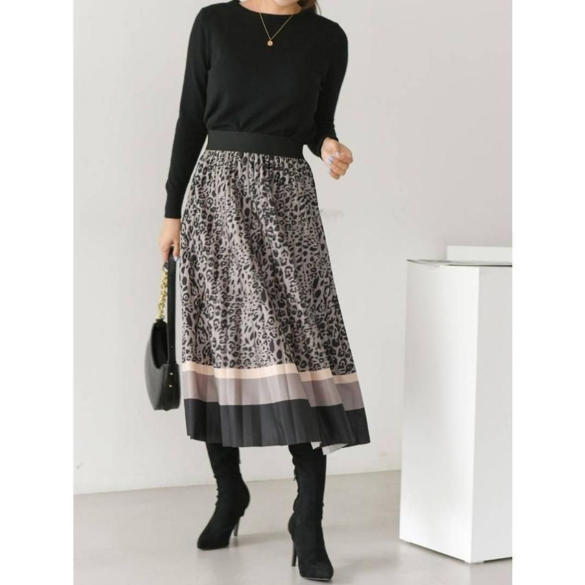 Sugar シュガー スカート ヒョウ柄 膝丈 レオパード柄 プリーツ フ 秋 冬 春 ひざ丈 グレー 送料無料