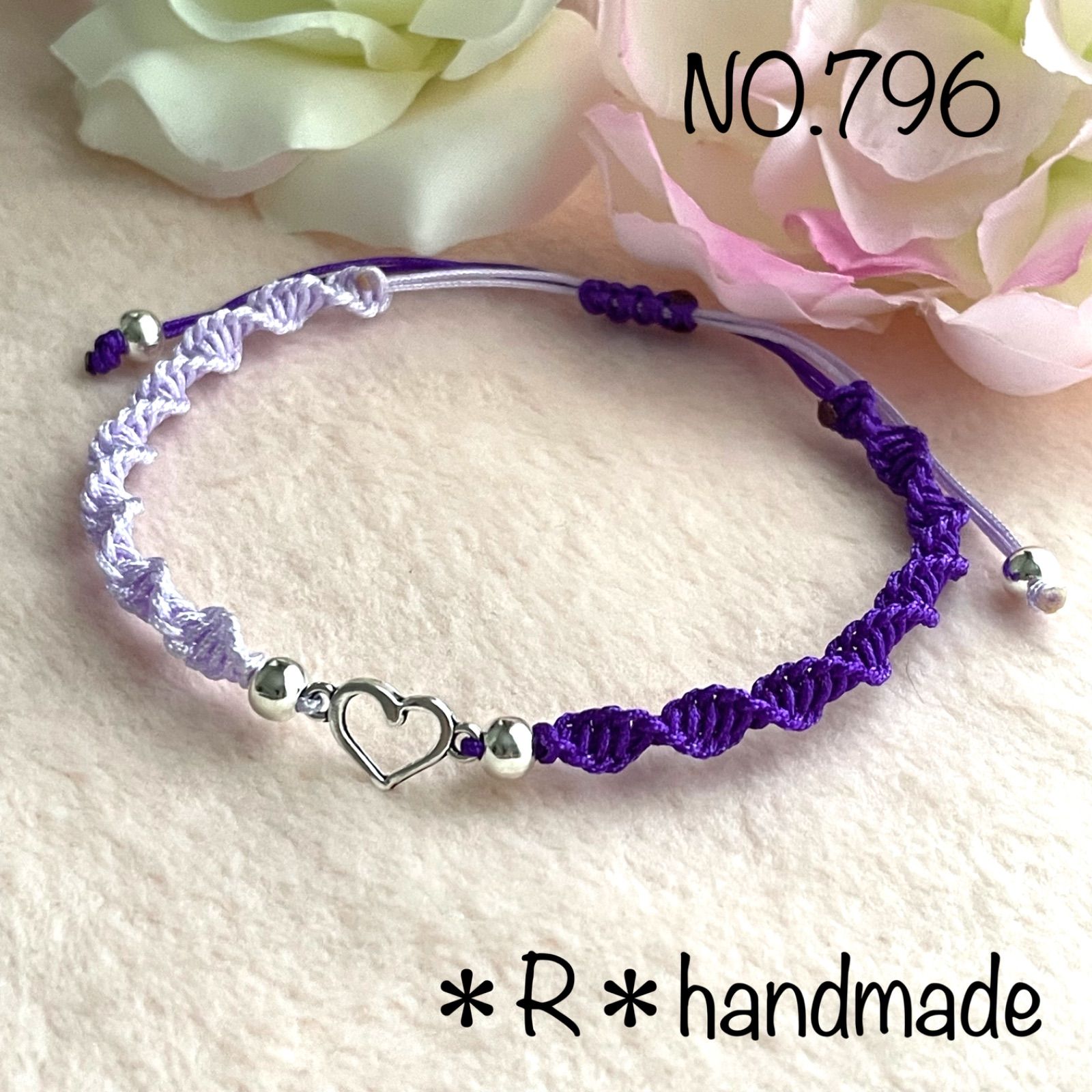 796】ハンドメイド ミサンガ アンクレット 紫×薄紫 ハートシルバー