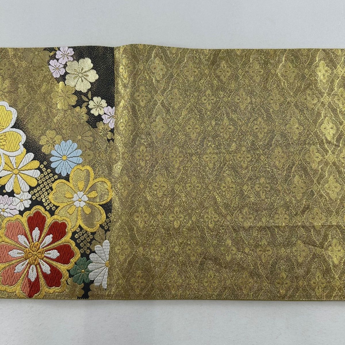 409y15〇袋帯 金糸 花唐草 六通〇美品 成人式 結婚式 501y12〇金糸 袋帯 花唐草 菊〇美品 成人式 結婚式