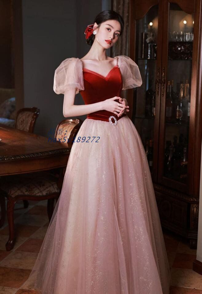 イブニングドレス ワイン赤 ベロア オシャレ ドッキング チュール パーティードレス ドレス ロングドレス パフスリーブ 結婚式ドレス ピアノ発表会 hax5v189272