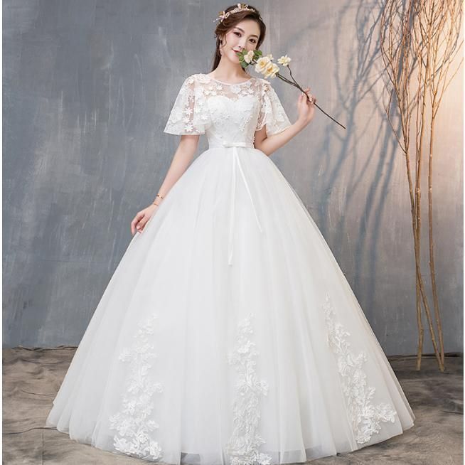 ウェディングドレス ハイウエスト 妊婦もOK 大きいサイズ 袖あり V