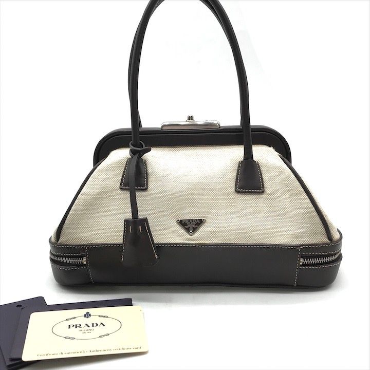 PRADA プラダ 三角ロゴ プレート キャンバス レザー ミニ ハンド バッグ がま口 ブラウン k5857
