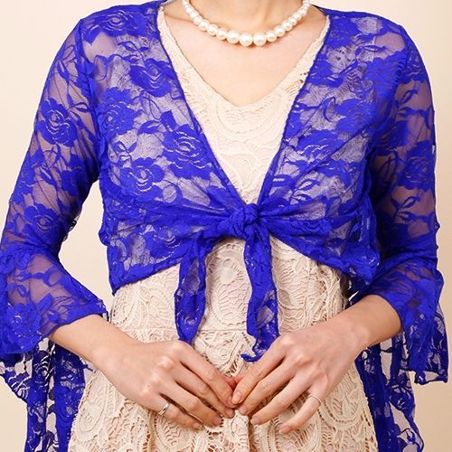 176ロイヤルブルー 姫袖レース ボレロカーディガン 結婚式 花柄 