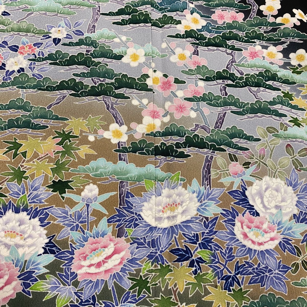 黒留袖 身丈157cm 裄丈64.5cm M 袷 松竹梅 草花 ぼかし 加賀友禅 黒 正絹 名品