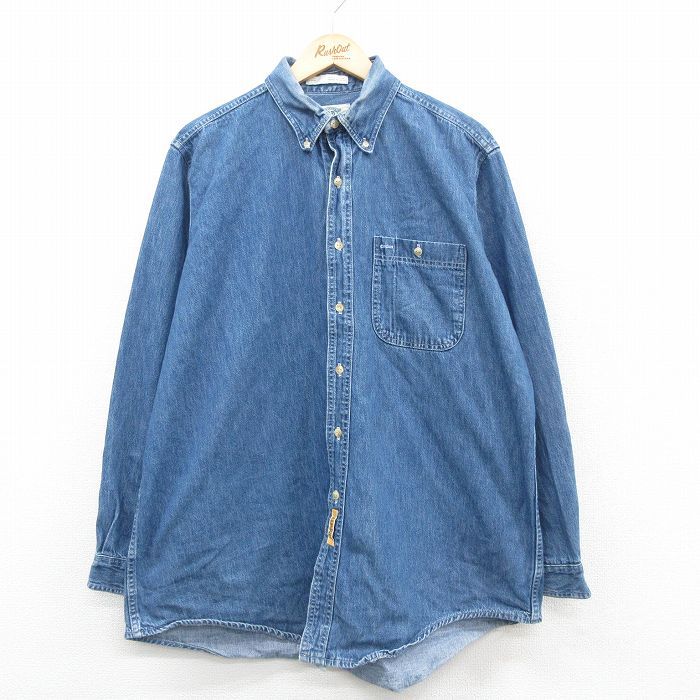 XL/古着 長袖 シャツ メンズ 90s 大きいサイズ ロング丈 コットン ボタンダウン 紺 ネイビー デニム 24nov30 中古 トップス