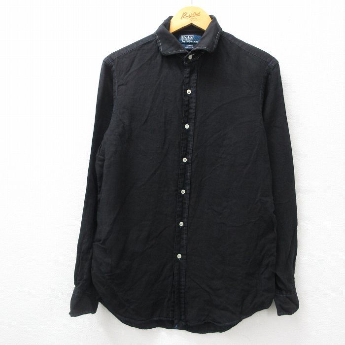 L/古着 ラルフローレン 長袖 ブランド シャツ メンズ 90s ESTALE リネン 黒 ブラック 24sep28 中古 トップス