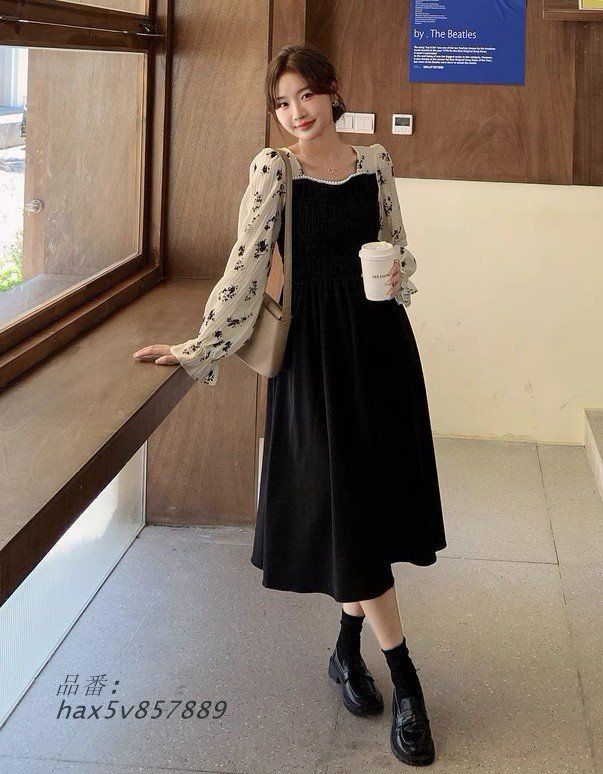 レイヤード風ワンピース レディース ワンピース 長袖 ロング ミモレ丈 キャンディスリーブ 大きいサイズ 黒 花柄 フリル袖 秋冬 フ重ね着風ワンピース hax5v857889
