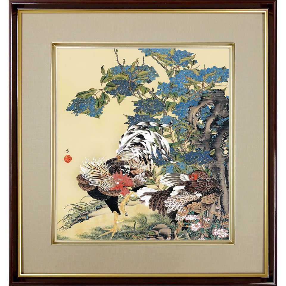 伊藤若冲「紫陽花双鶏図」複製画 額入り 色紙額 特殊工芸画 あじさい にわとり 動物画 日本画 名作 プライス・コレクション（アメリカ）／所蔵  K10-069 - メルカリ