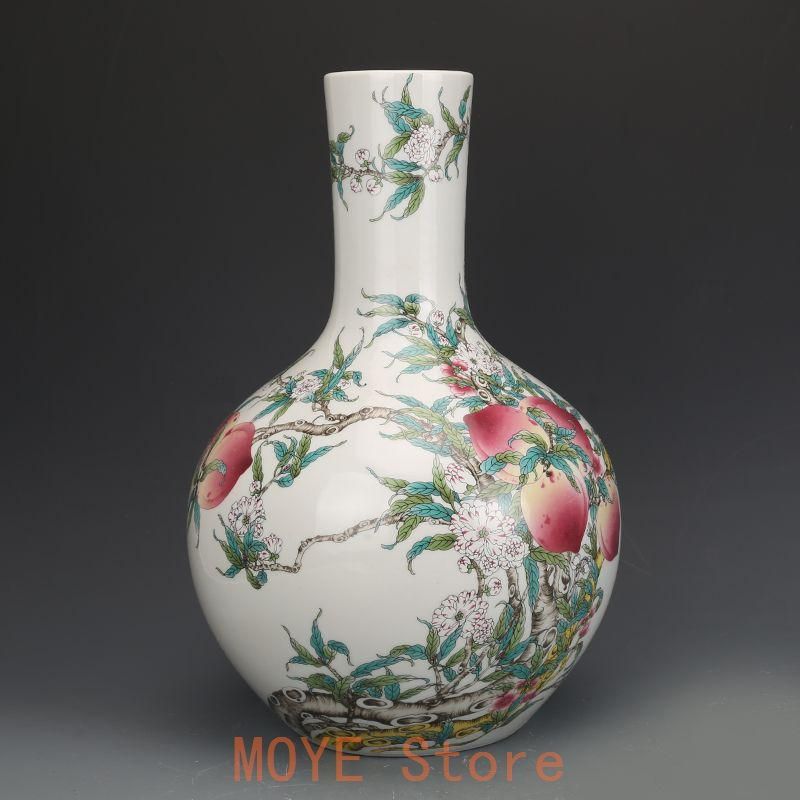 清乾隆粉彩福寿九桃天球瓶 景徳鎮 陶磁器 装飾品 現代工芸品