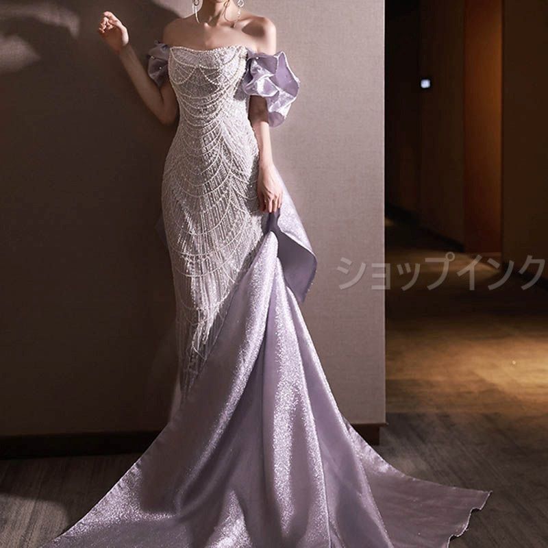 ドレス カクテルドレス ロングドレス ホワイト パーティードレス 結婚式 二次会 ステージドレス コンクール イブニングドレス 大人 フォマール タイト 半袖 パフスリーブ ティアードドレス 1279