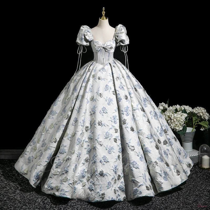 ドレス グレー 花柄 ジャガード 半袖 演奏会 二次会 Aラインドレス 花嫁 ウエディングドレス 発表会 ウェディングドレス プリンセスドレス ロングドレス nee5x996439