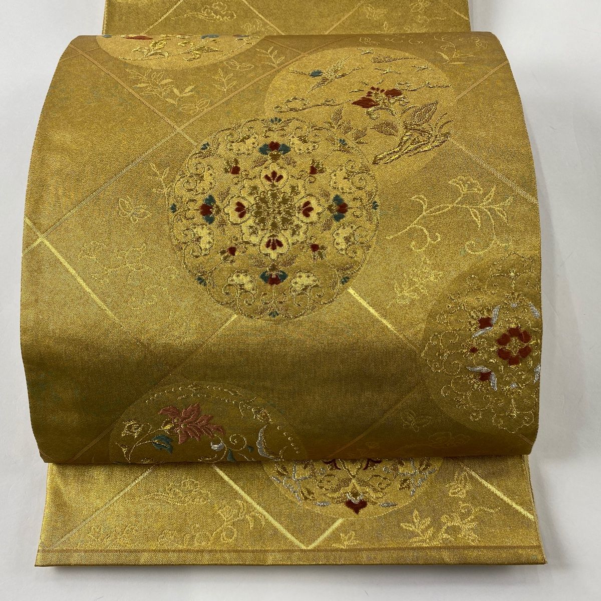 袋帯 美品 秀品 青銅箔 花文 草花 金銀糸 箔 金色 六通 正絹 【中古 